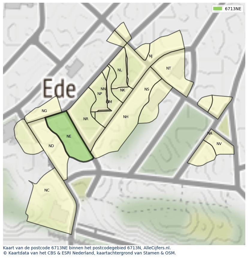 Afbeelding van het postcodegebied 6713 NE op de kaart.