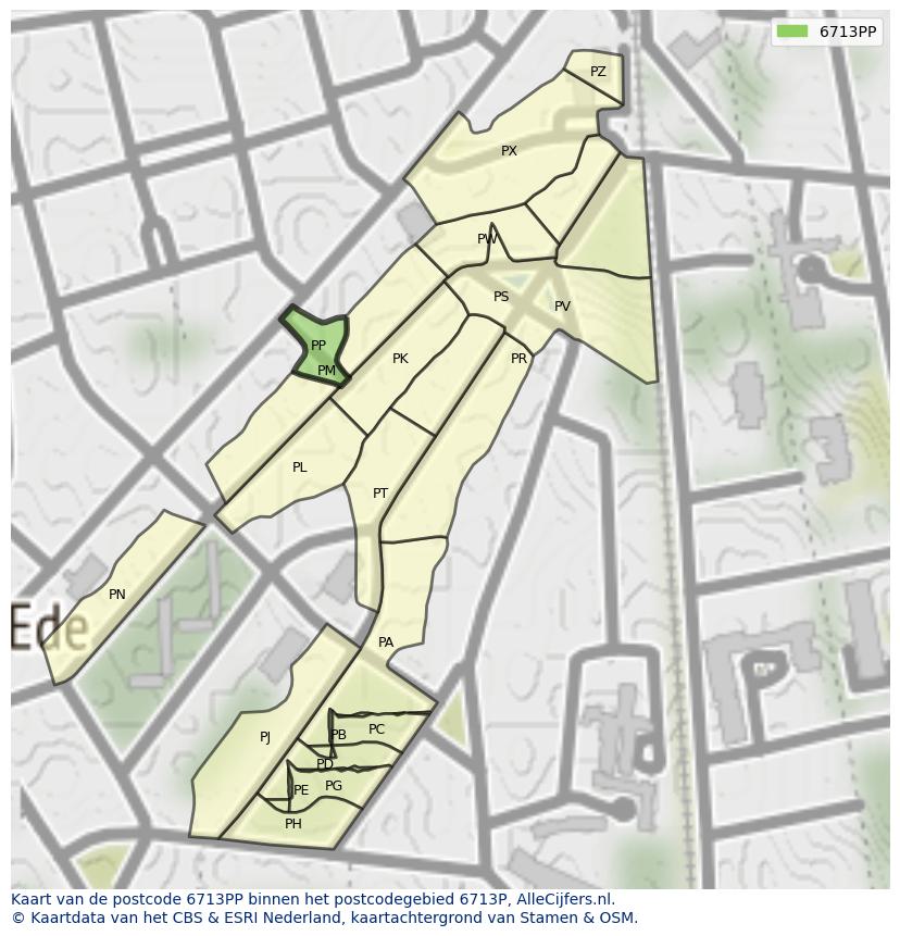 Afbeelding van het postcodegebied 6713 PP op de kaart.
