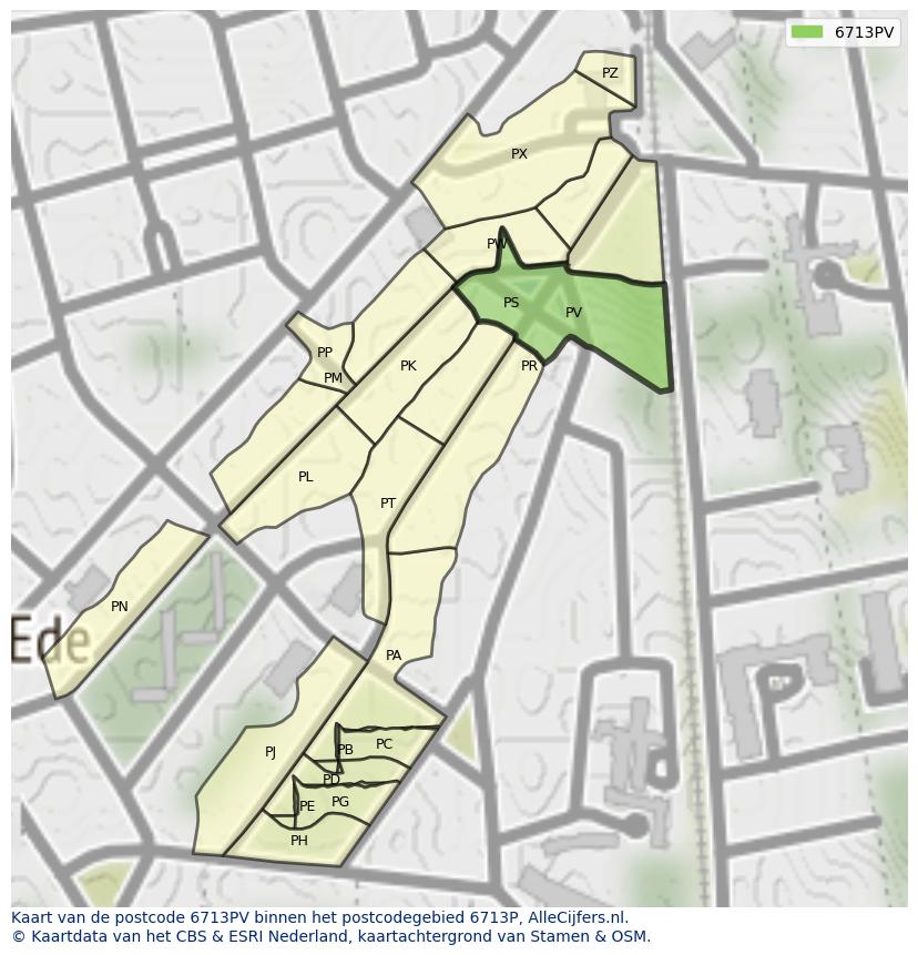 Afbeelding van het postcodegebied 6713 PV op de kaart.