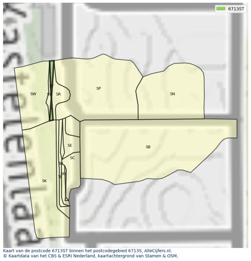 Afbeelding van het postcodegebied 6713 ST op de kaart.
