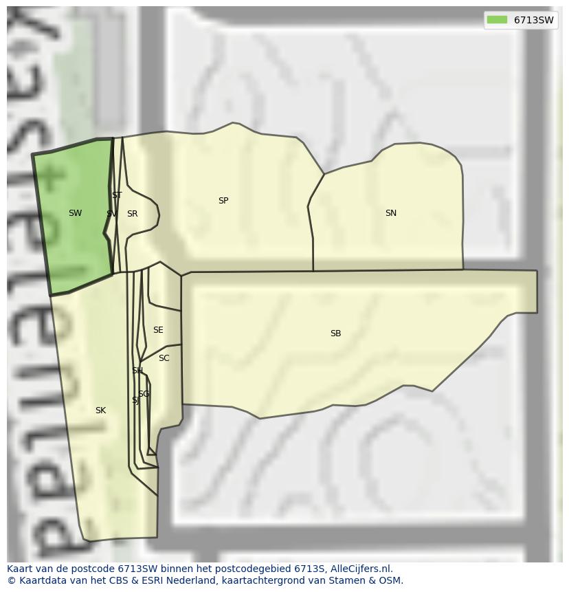 Afbeelding van het postcodegebied 6713 SW op de kaart.