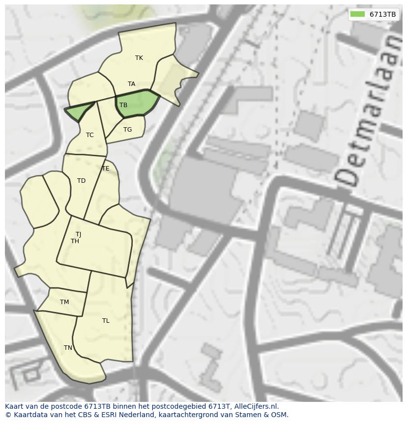 Afbeelding van het postcodegebied 6713 TB op de kaart.