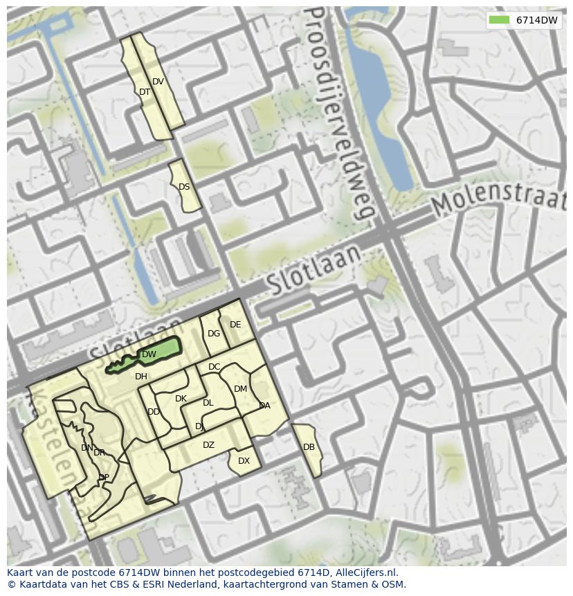 Afbeelding van het postcodegebied 6714 DW op de kaart.