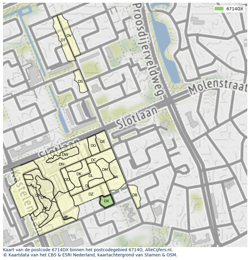 Afbeelding van het postcodegebied 6714 DX op de kaart.