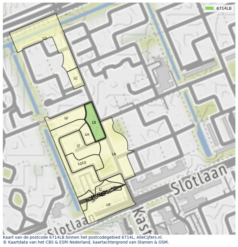 Afbeelding van het postcodegebied 6714 LB op de kaart.