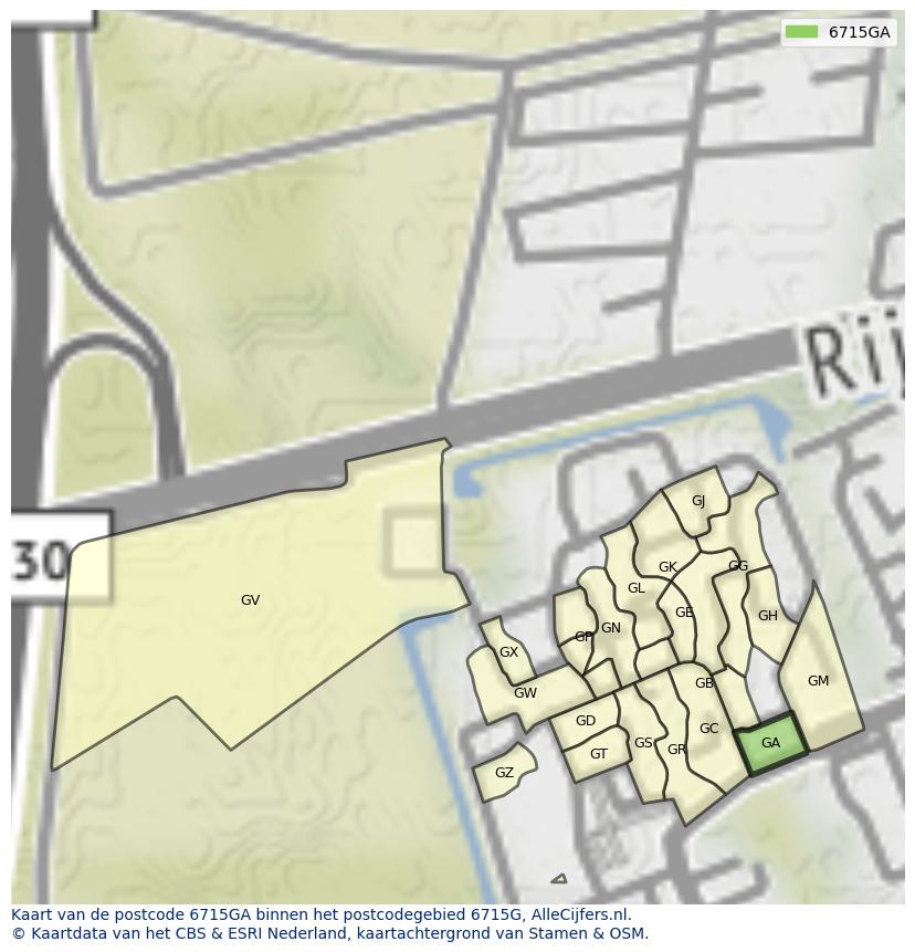 Afbeelding van het postcodegebied 6715 GA op de kaart.