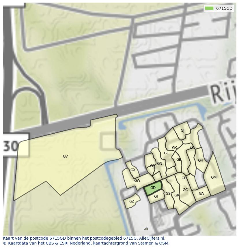 Afbeelding van het postcodegebied 6715 GD op de kaart.