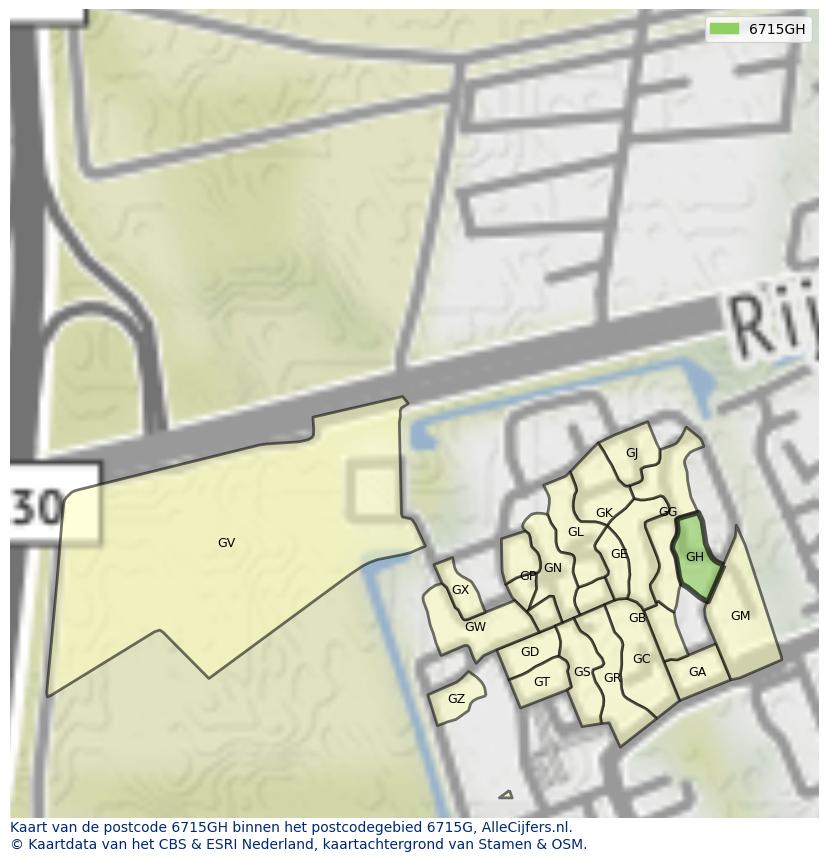 Afbeelding van het postcodegebied 6715 GH op de kaart.