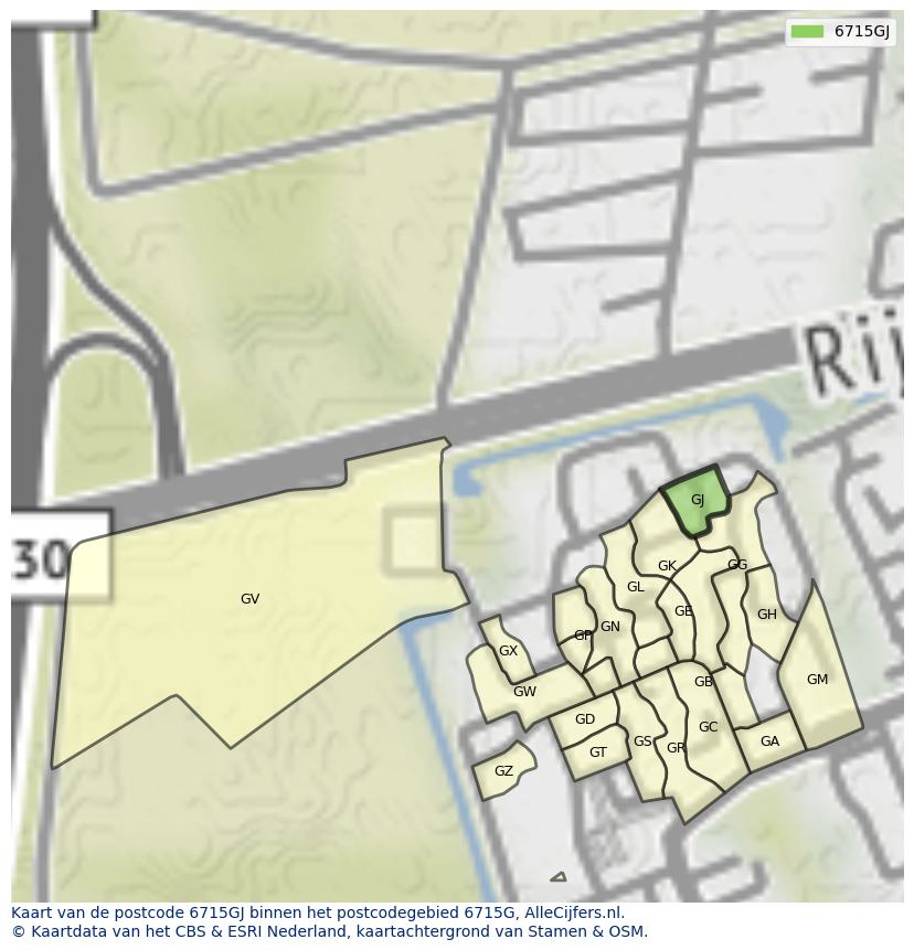 Afbeelding van het postcodegebied 6715 GJ op de kaart.