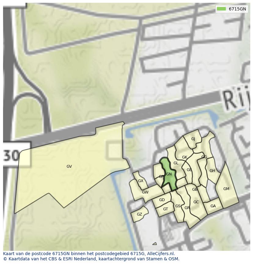 Afbeelding van het postcodegebied 6715 GN op de kaart.