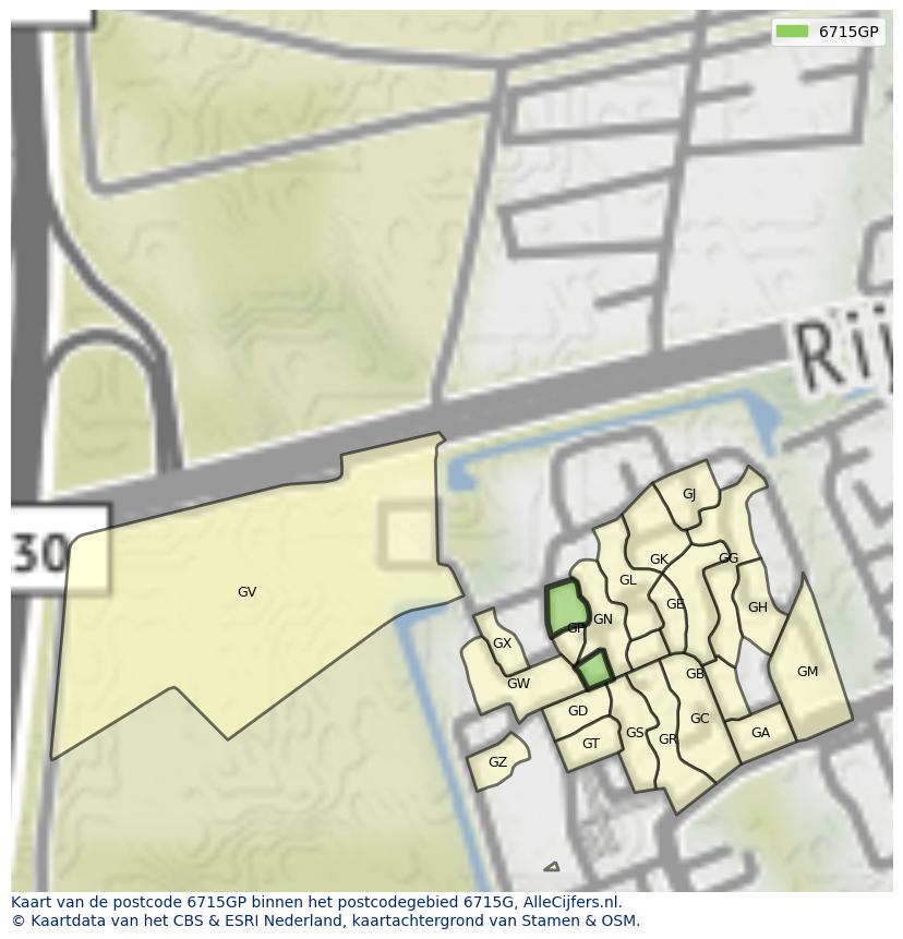 Afbeelding van het postcodegebied 6715 GP op de kaart.
