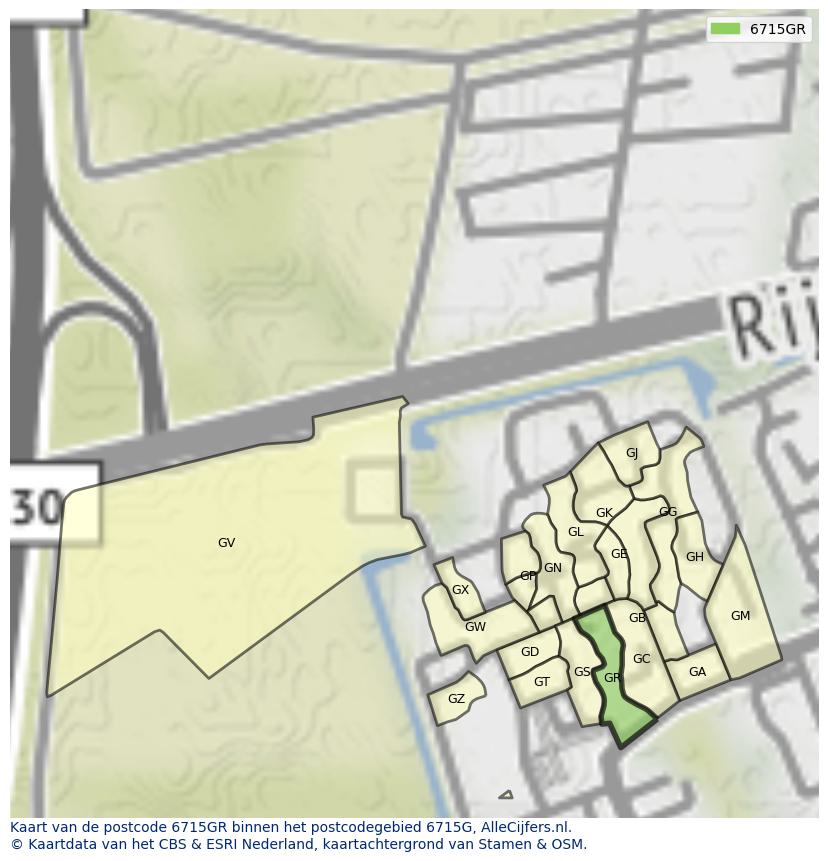 Afbeelding van het postcodegebied 6715 GR op de kaart.