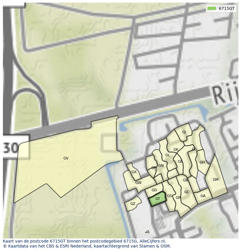 Afbeelding van het postcodegebied 6715 GT op de kaart.