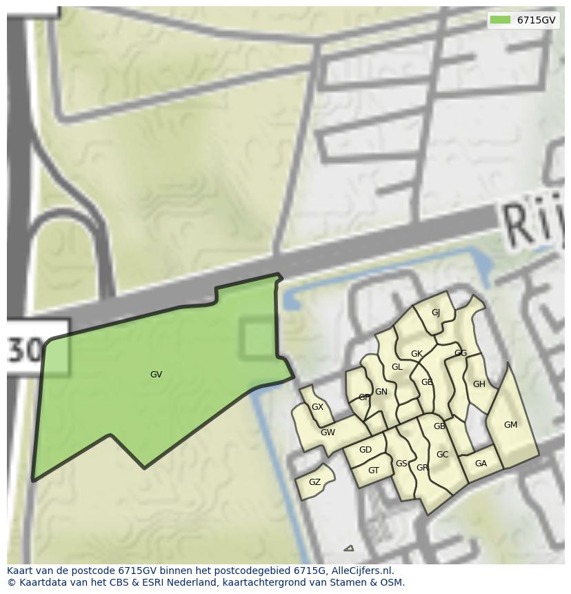 Afbeelding van het postcodegebied 6715 GV op de kaart.