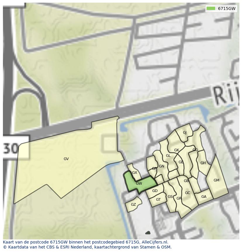 Afbeelding van het postcodegebied 6715 GW op de kaart.