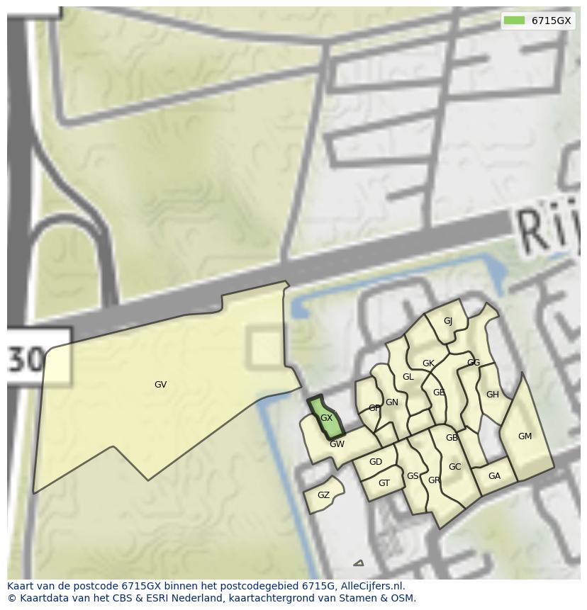 Afbeelding van het postcodegebied 6715 GX op de kaart.