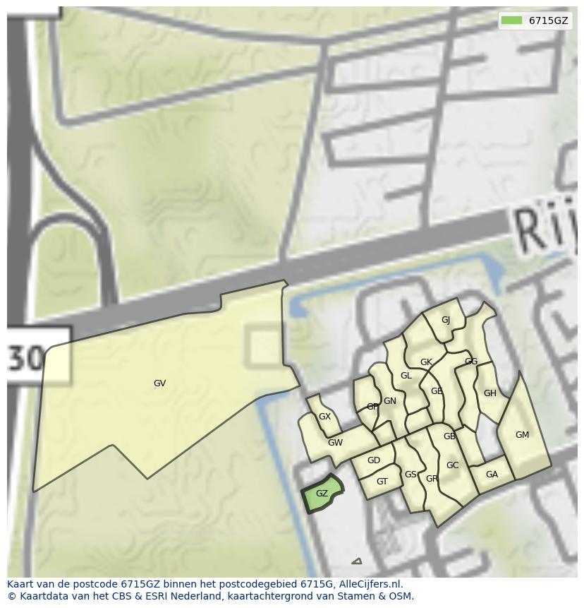 Afbeelding van het postcodegebied 6715 GZ op de kaart.