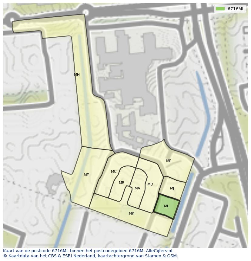 Afbeelding van het postcodegebied 6716 ML op de kaart.