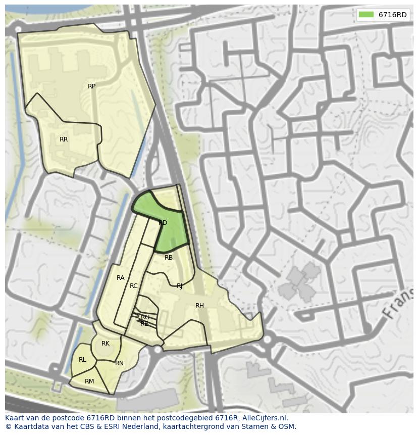 Afbeelding van het postcodegebied 6716 RD op de kaart.