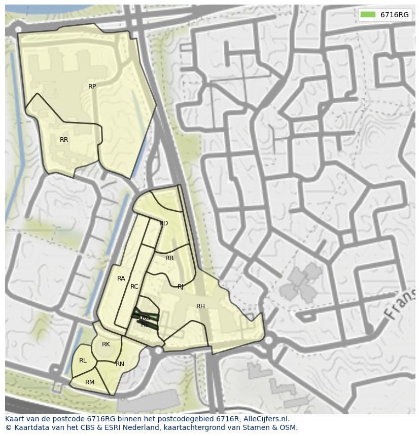 Afbeelding van het postcodegebied 6716 RG op de kaart.