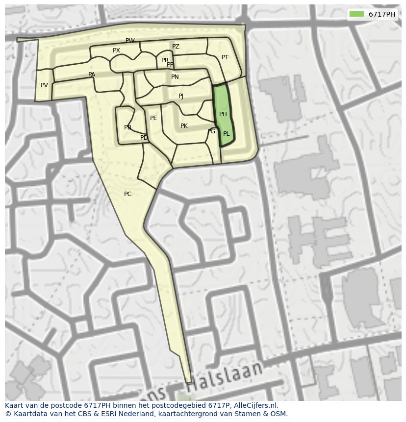 Afbeelding van het postcodegebied 6717 PH op de kaart.
