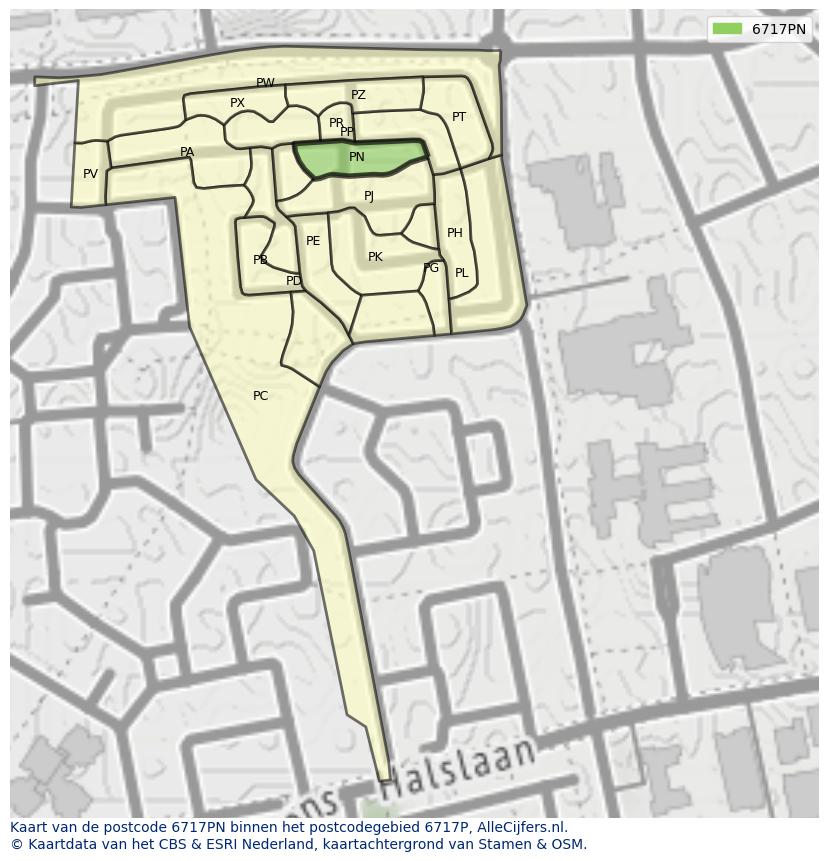Afbeelding van het postcodegebied 6717 PN op de kaart.