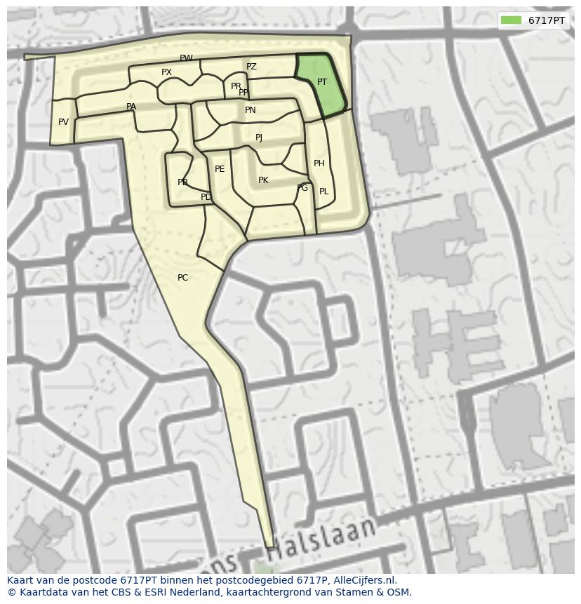 Afbeelding van het postcodegebied 6717 PT op de kaart.