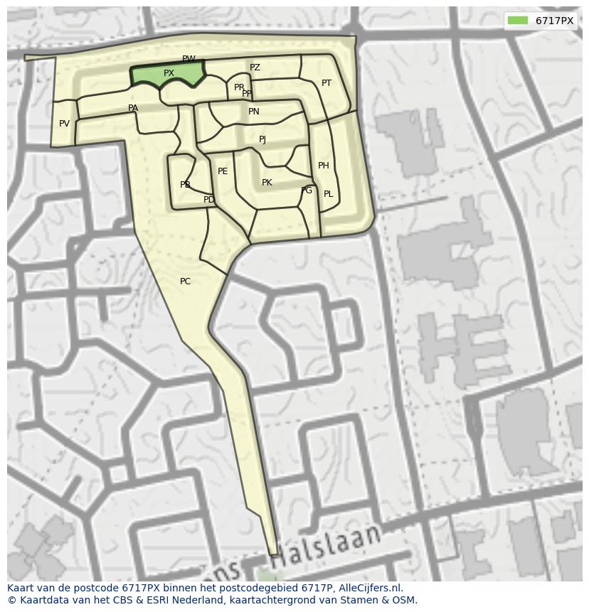 Afbeelding van het postcodegebied 6717 PX op de kaart.