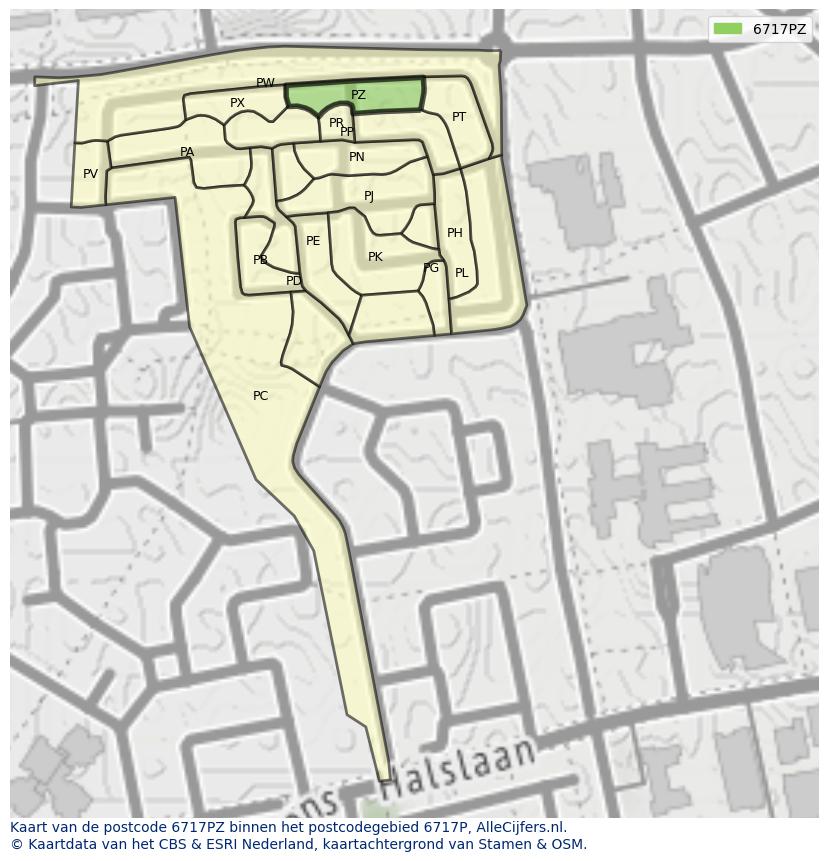 Afbeelding van het postcodegebied 6717 PZ op de kaart.