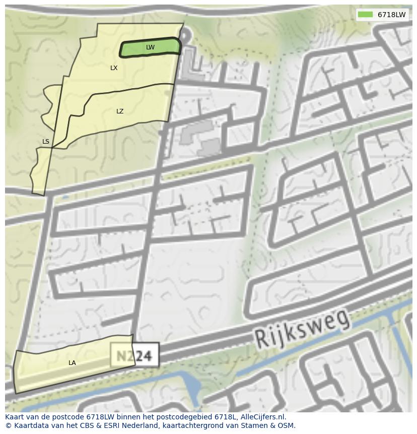 Afbeelding van het postcodegebied 6718 LW op de kaart.