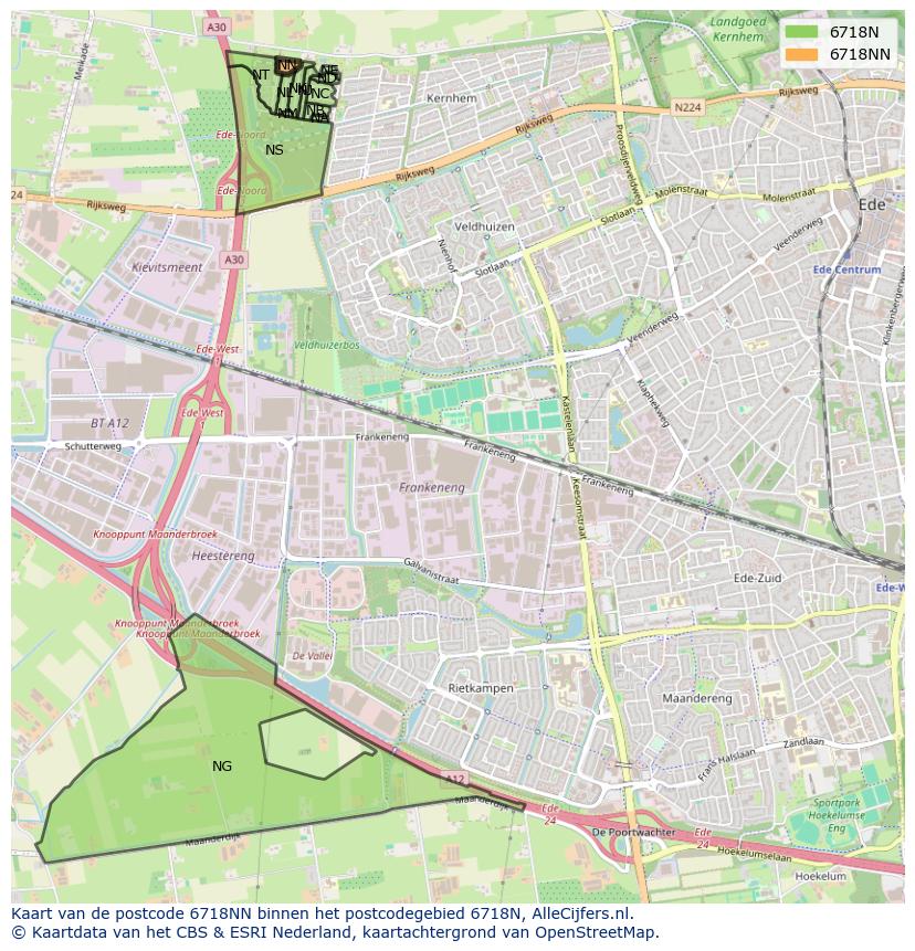 Afbeelding van het postcodegebied 6718 NN op de kaart.