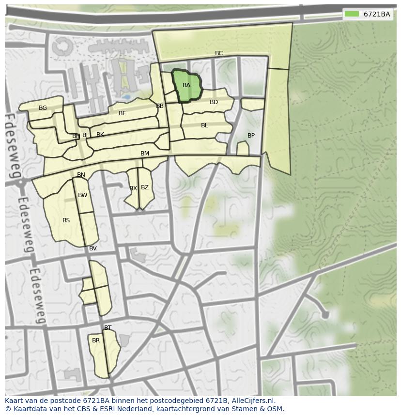 Afbeelding van het postcodegebied 6721 BA op de kaart.