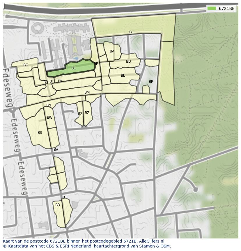 Afbeelding van het postcodegebied 6721 BE op de kaart.
