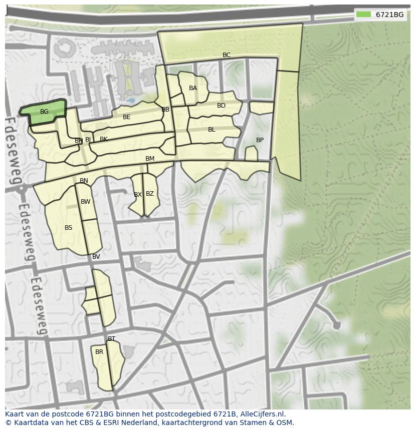 Afbeelding van het postcodegebied 6721 BG op de kaart.