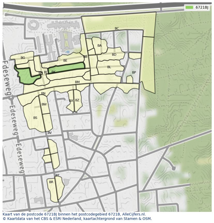Afbeelding van het postcodegebied 6721 BJ op de kaart.