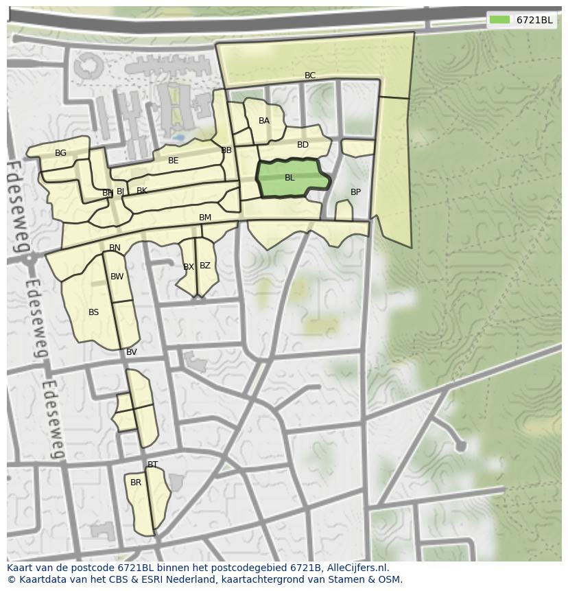 Afbeelding van het postcodegebied 6721 BL op de kaart.