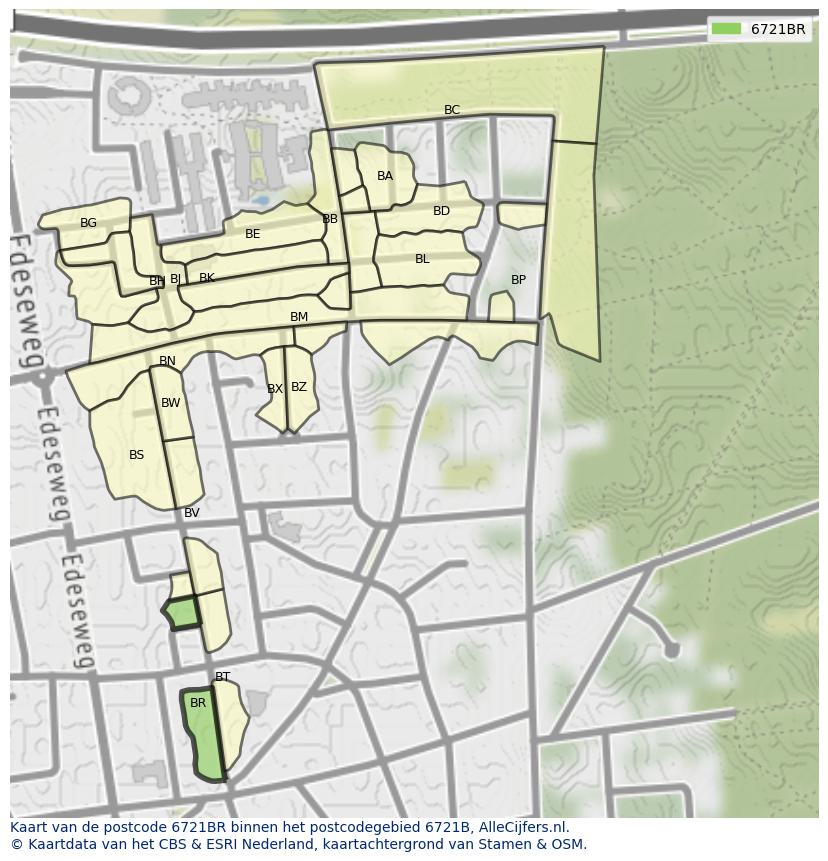 Afbeelding van het postcodegebied 6721 BR op de kaart.