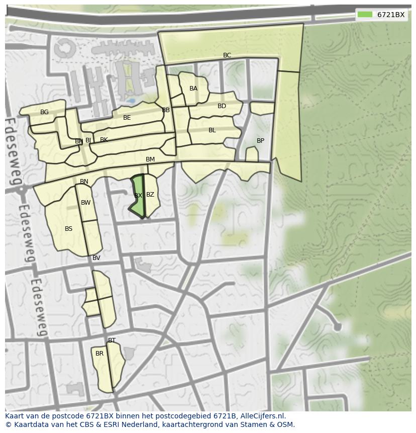 Afbeelding van het postcodegebied 6721 BX op de kaart.