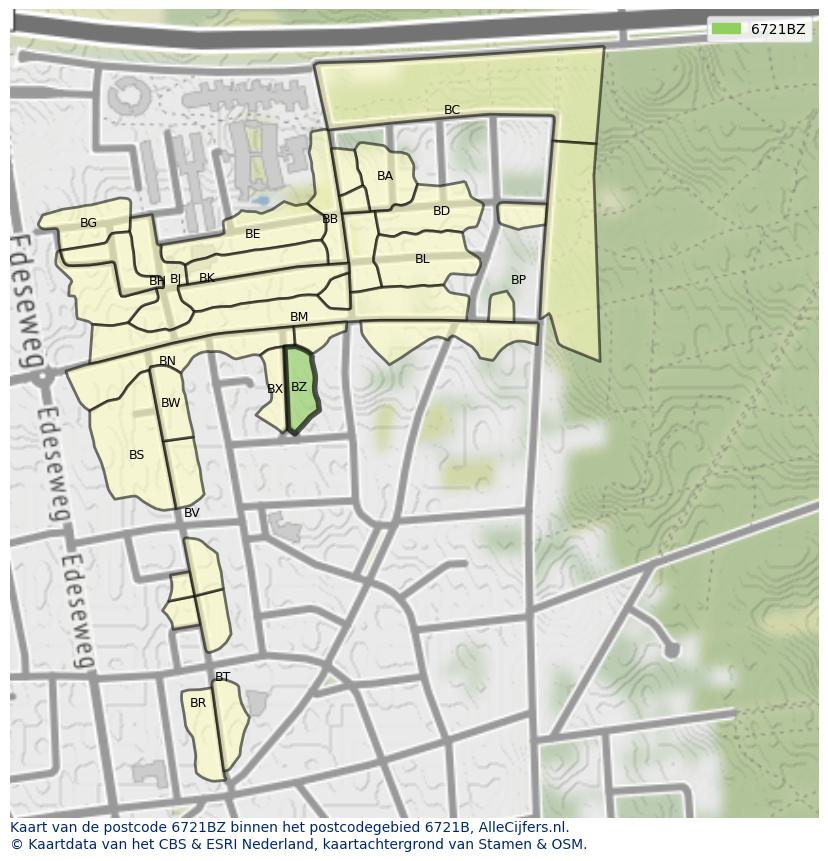 Afbeelding van het postcodegebied 6721 BZ op de kaart.