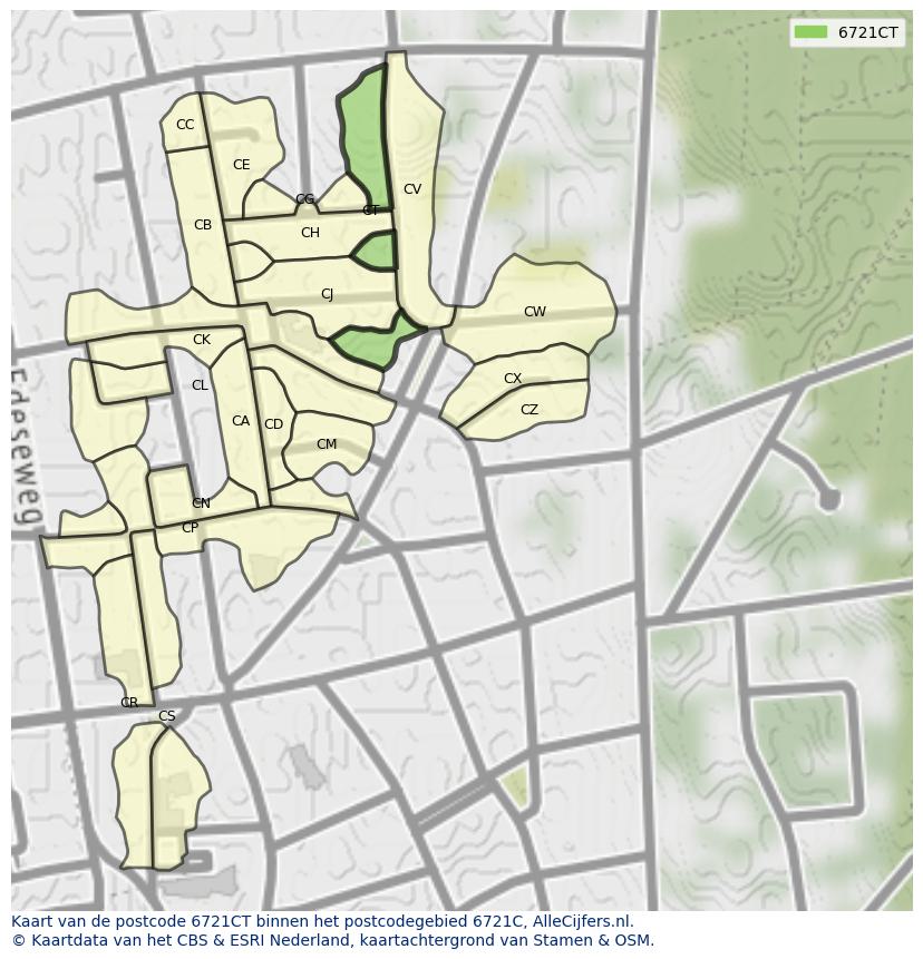 Afbeelding van het postcodegebied 6721 CT op de kaart.