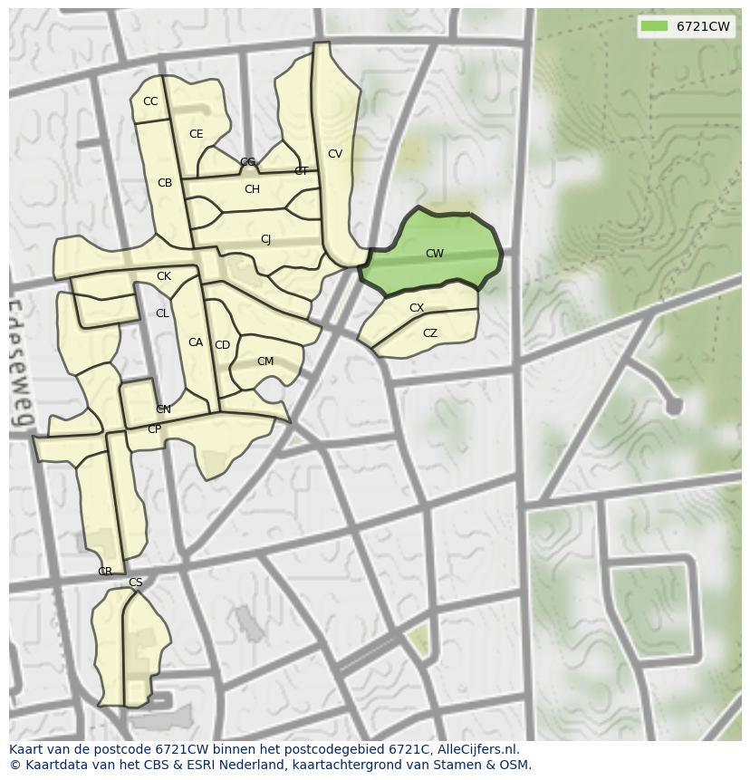 Afbeelding van het postcodegebied 6721 CW op de kaart.