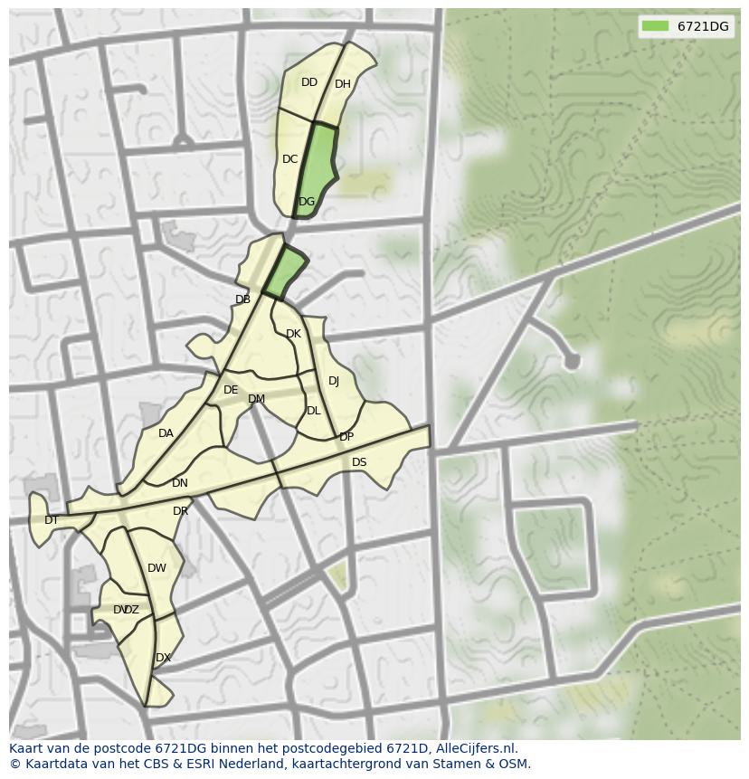 Afbeelding van het postcodegebied 6721 DG op de kaart.