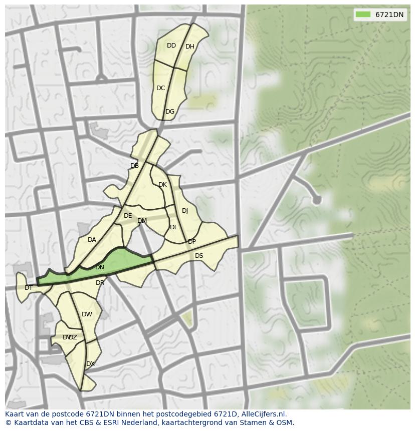 Afbeelding van het postcodegebied 6721 DN op de kaart.