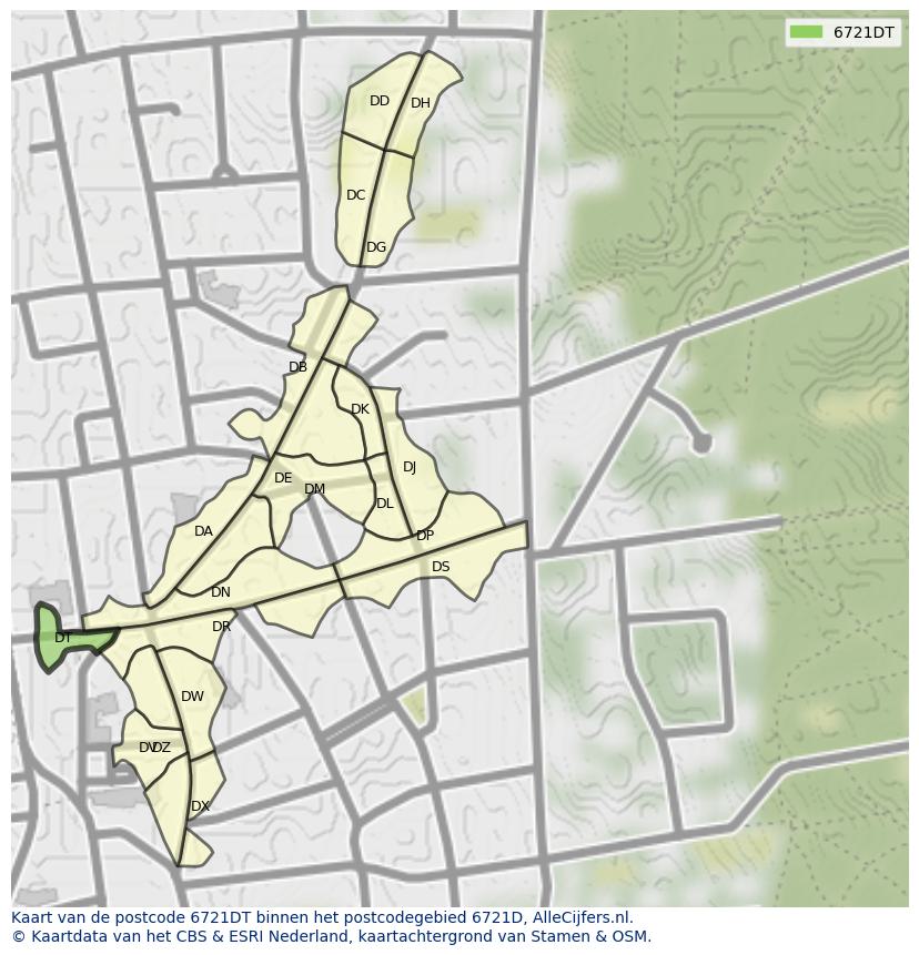 Afbeelding van het postcodegebied 6721 DT op de kaart.