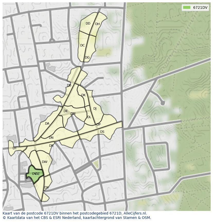 Afbeelding van het postcodegebied 6721 DV op de kaart.