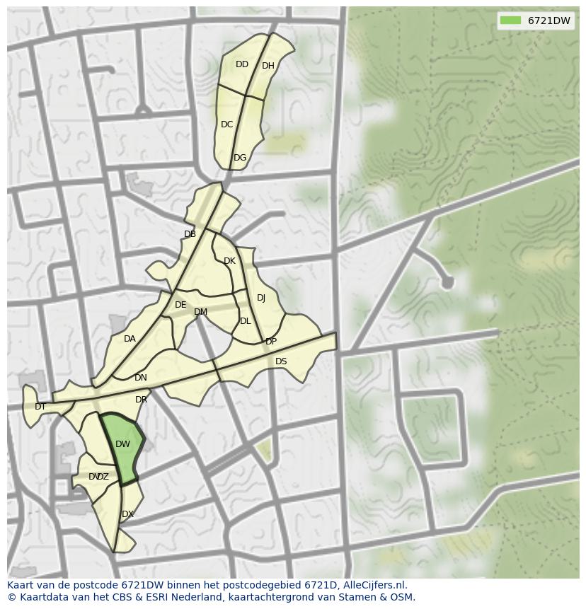 Afbeelding van het postcodegebied 6721 DW op de kaart.