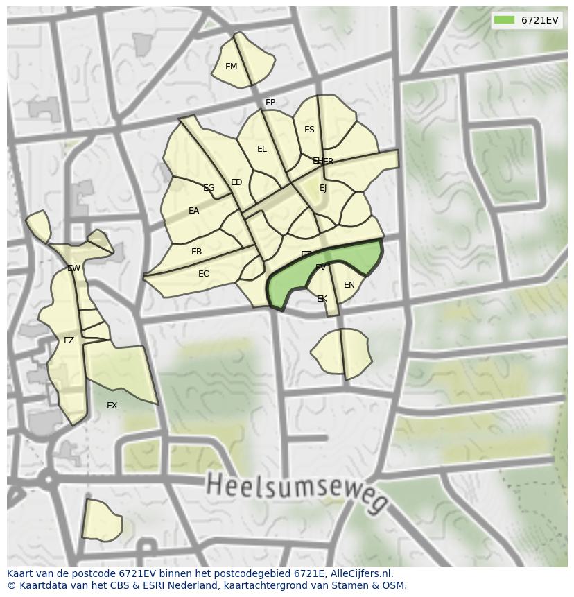 Afbeelding van het postcodegebied 6721 EV op de kaart.