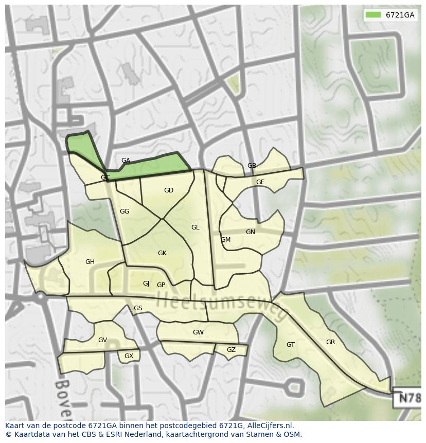 Afbeelding van het postcodegebied 6721 GA op de kaart.