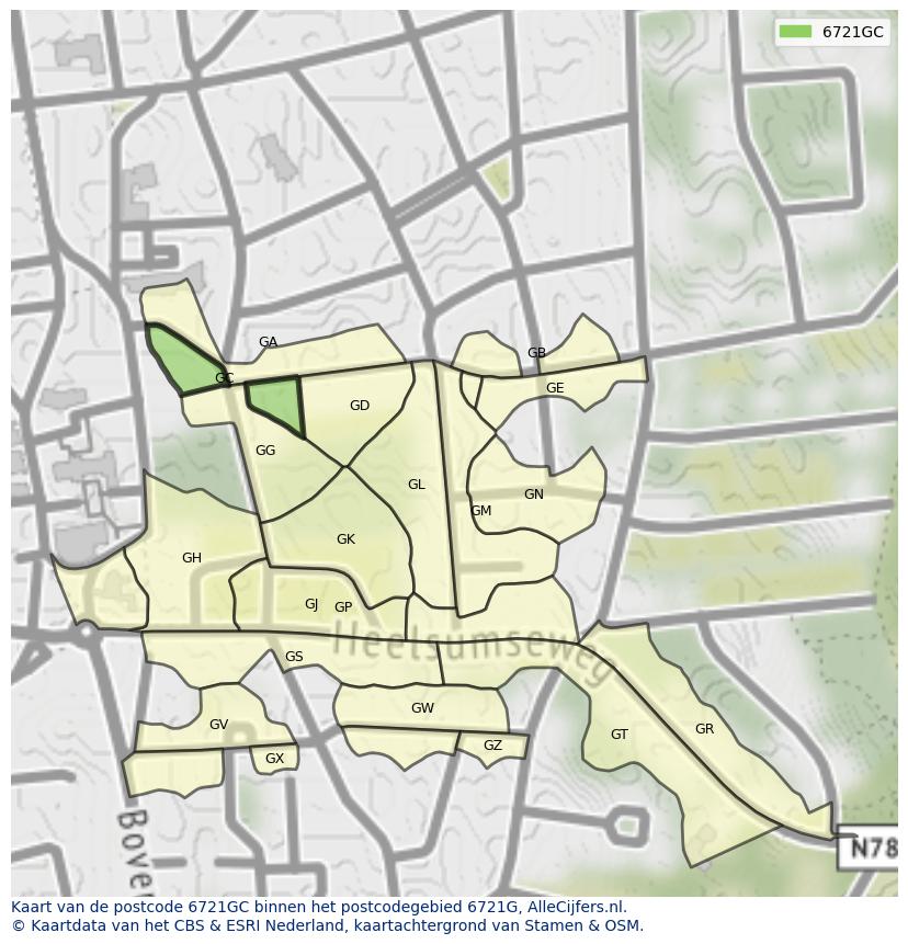 Afbeelding van het postcodegebied 6721 GC op de kaart.
