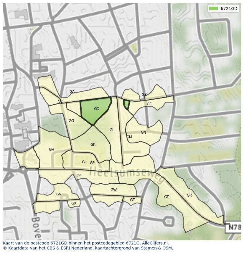 Afbeelding van het postcodegebied 6721 GD op de kaart.